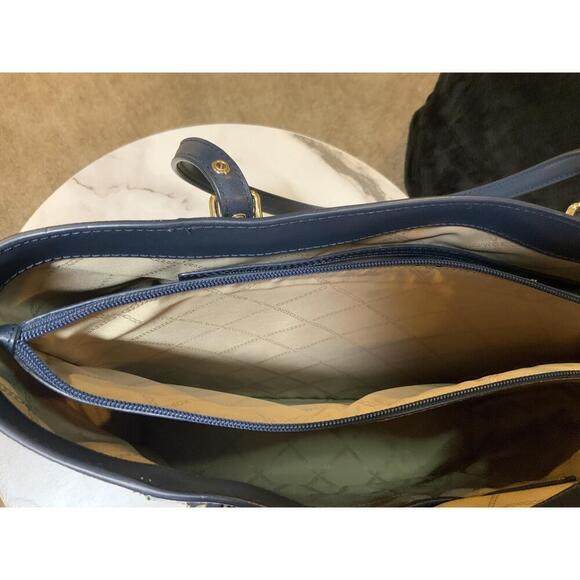 Michael Kors Blue Leather Logo Print Tote Handbag Dual Handles Sz 11x11 Luxe Bag - Picture 9 of 14